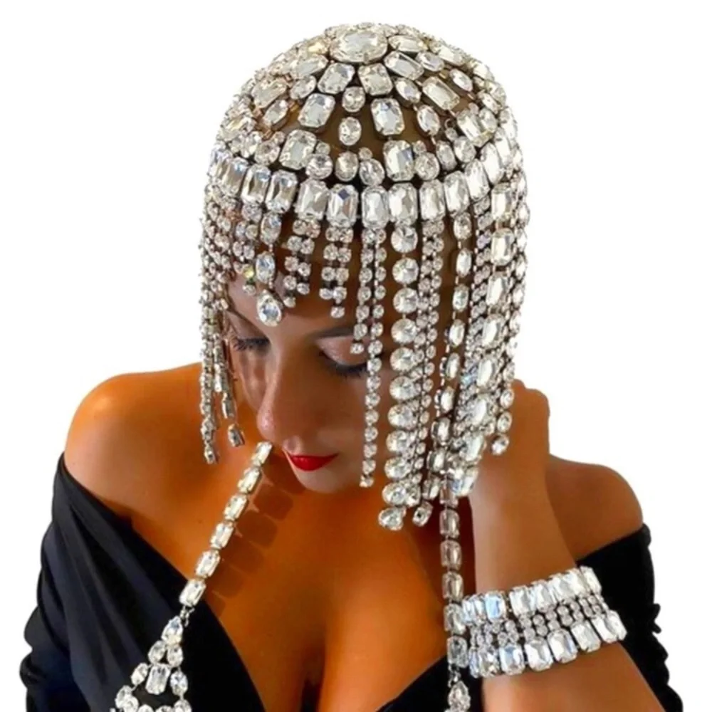 Glitter Rhinestone Long Crystal Hair Chain Headband for Women Headwear Headpiece